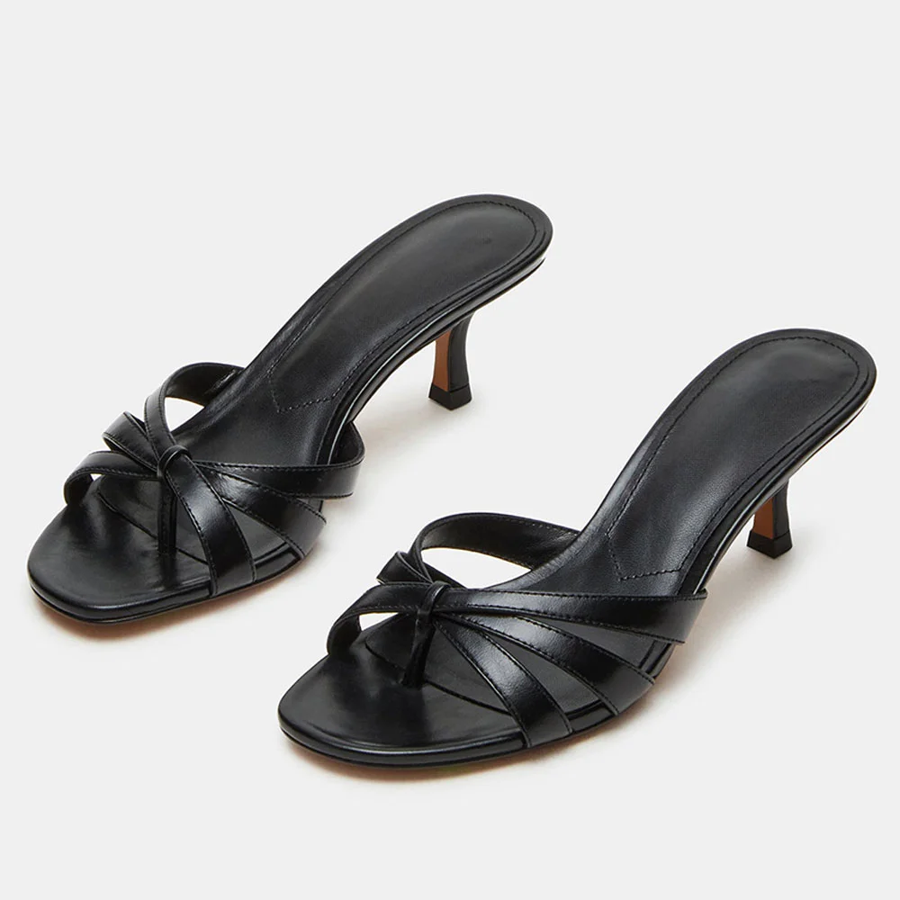 Black Crossed Strap Open Square Toe Spool Heel Slide Sandals Women