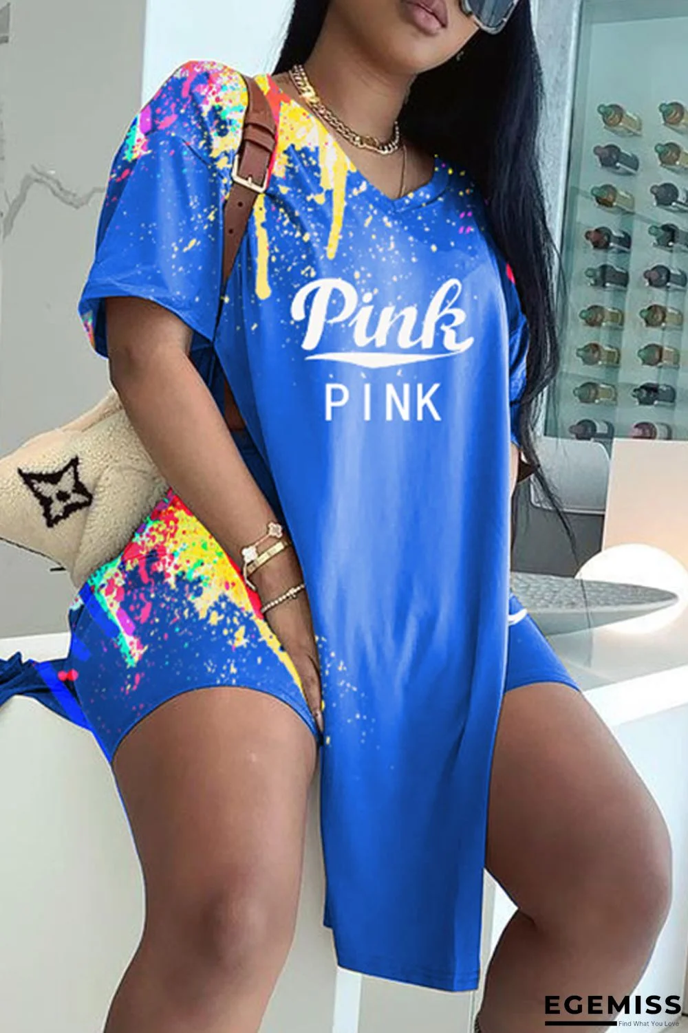 Blue Fashion Casual Letter Print Slit V Neck Short Sleeve Two Pieces | EGEMISS