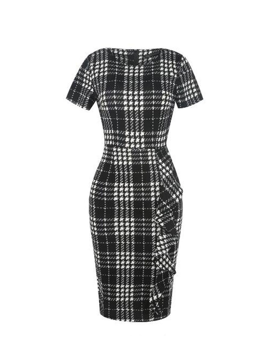 1960s Dress Plaid Print Ruffle Hem Short Sleeve Bodycon Dress