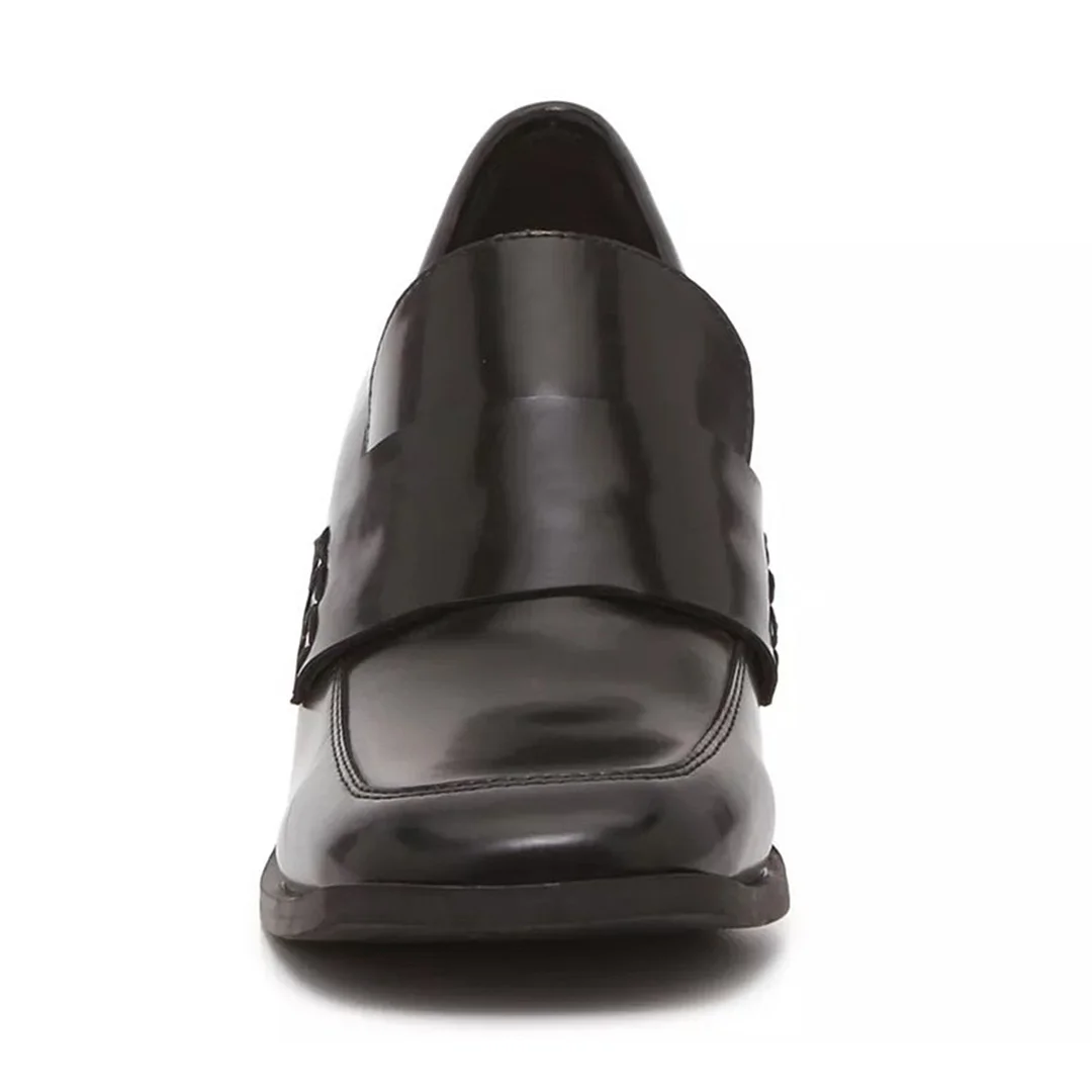 Classic Black Square Toe Office Shoes Block Heeled Loafers Women