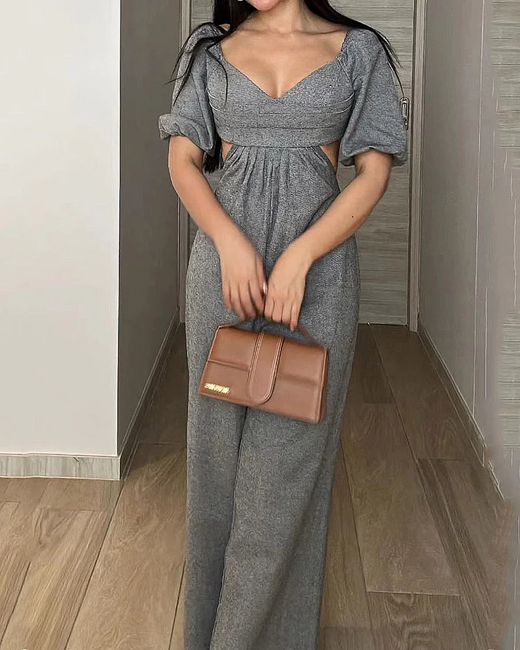 Solid Color V-neck Hollow Casual Jumpsuit