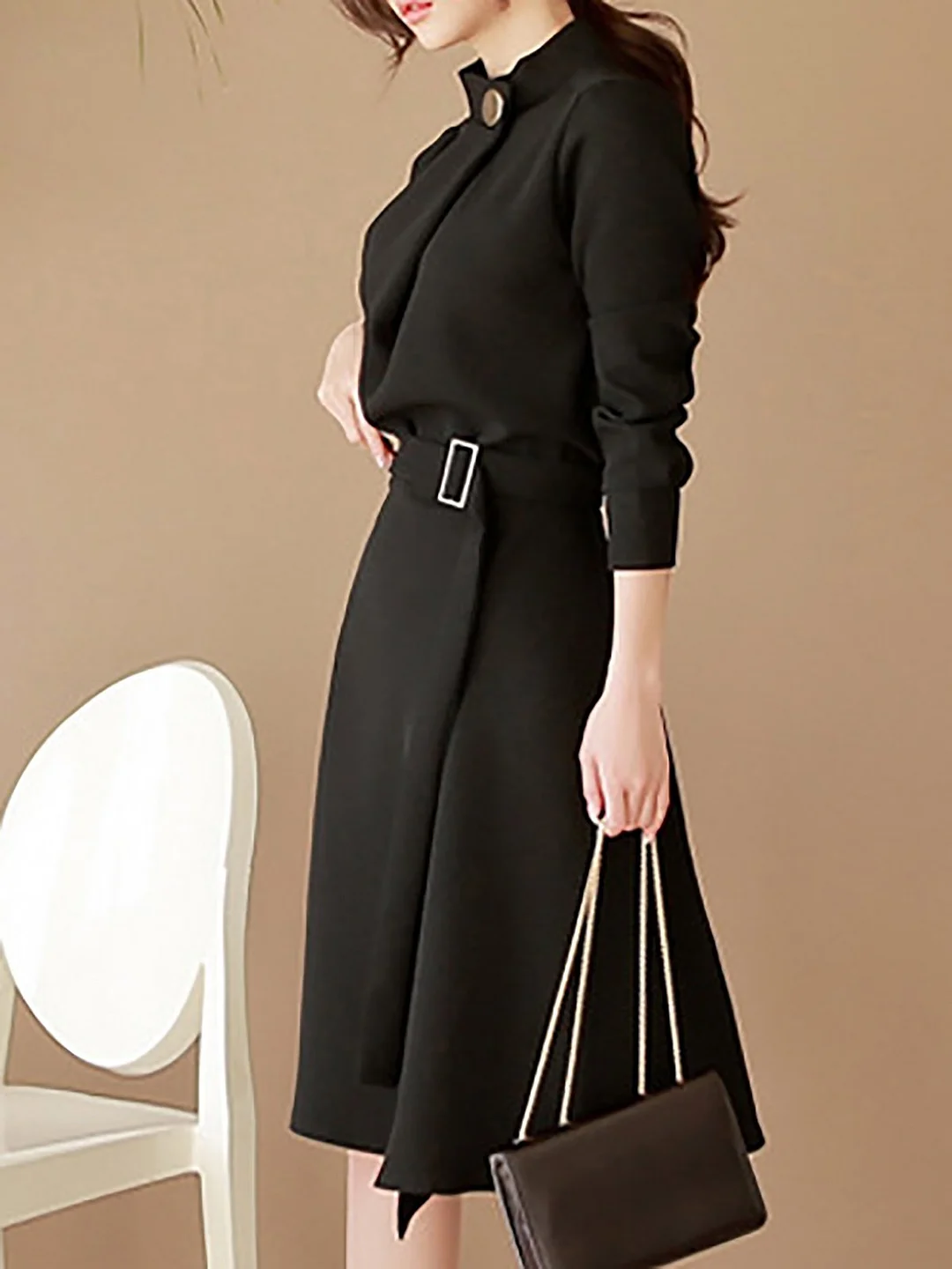 Black Statement A-Line Work Folds Cocktail Midi Dress