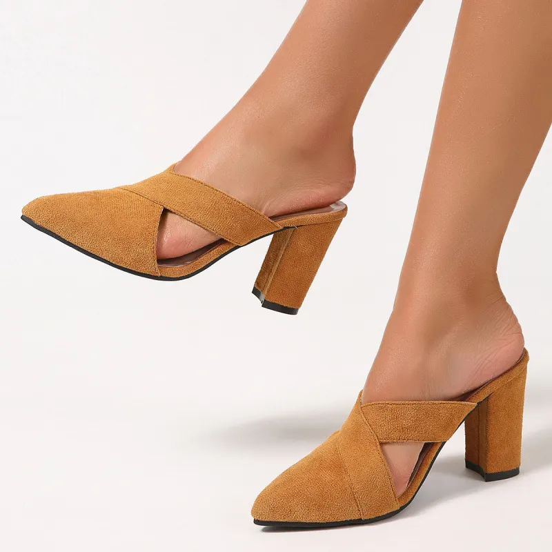 Breakj Breakj Back Empty Sandals Coarse Women's Shoes 8Cm Pointed Deep Mouth Side Velvet Half-Dragging Fashion Pointed High Heels Women