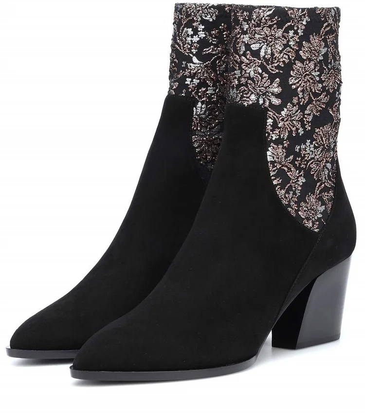 Black Vegan Suede Floral Embroidered Chunky Heel Boots for Women |FSJ Shoes