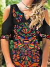 Holiday Floral Off Shoulder Cold Shoulder V Neck Weaving Dress
