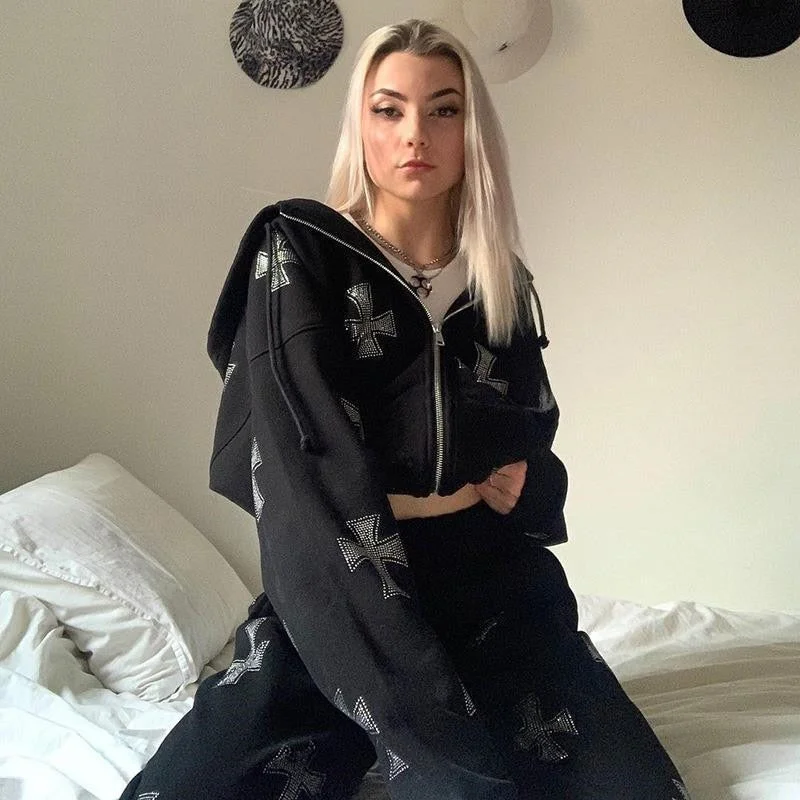 Y2K Fashion Rhinestone Hoodies Women Hip Hop Joggers Sweatshirt Korean Oversized Zipper Sport Coat Ladies Gothic Jacket Pullover
