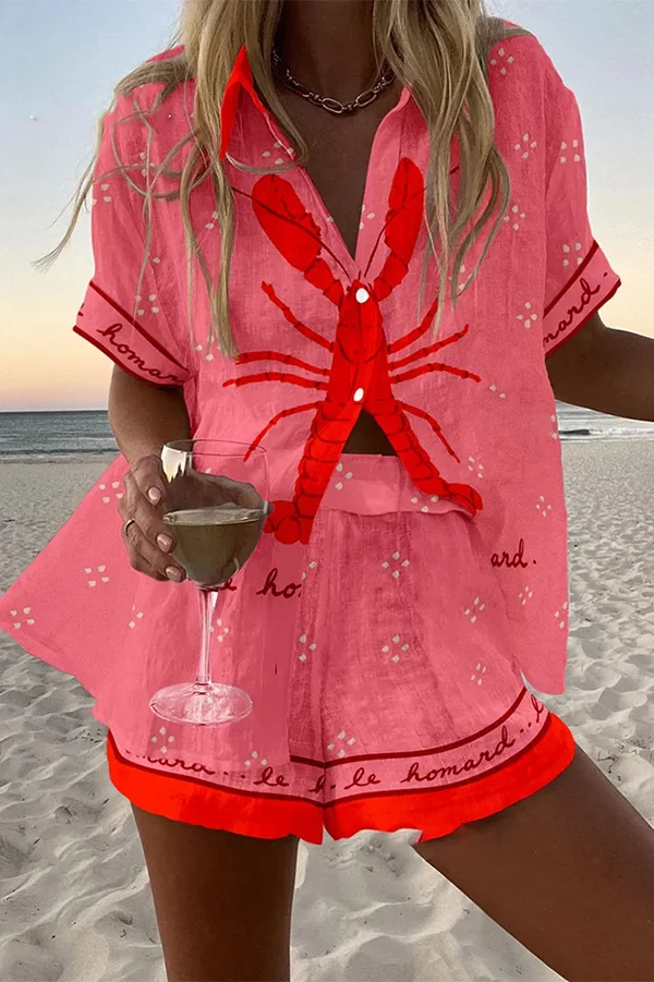 Lobster Print Loose Button Elastic Waist Shorts Set