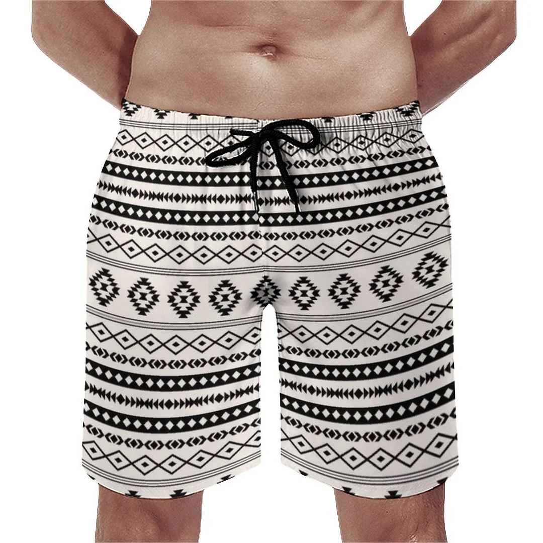 Aztec White Black On Cream Mixed Motifs Repeat Men's Swim Trunks Summer Board Shorts Quick Dry Beach Short with Pockets