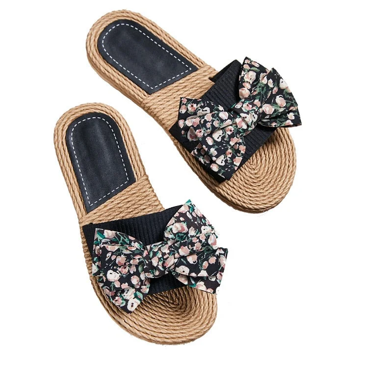 New Female Shivering Bow Flax Linen Flip Flops For Woman Bohemia Style No-slip Beach Slipper Woman Shoes Zapatos De Mujer hy442