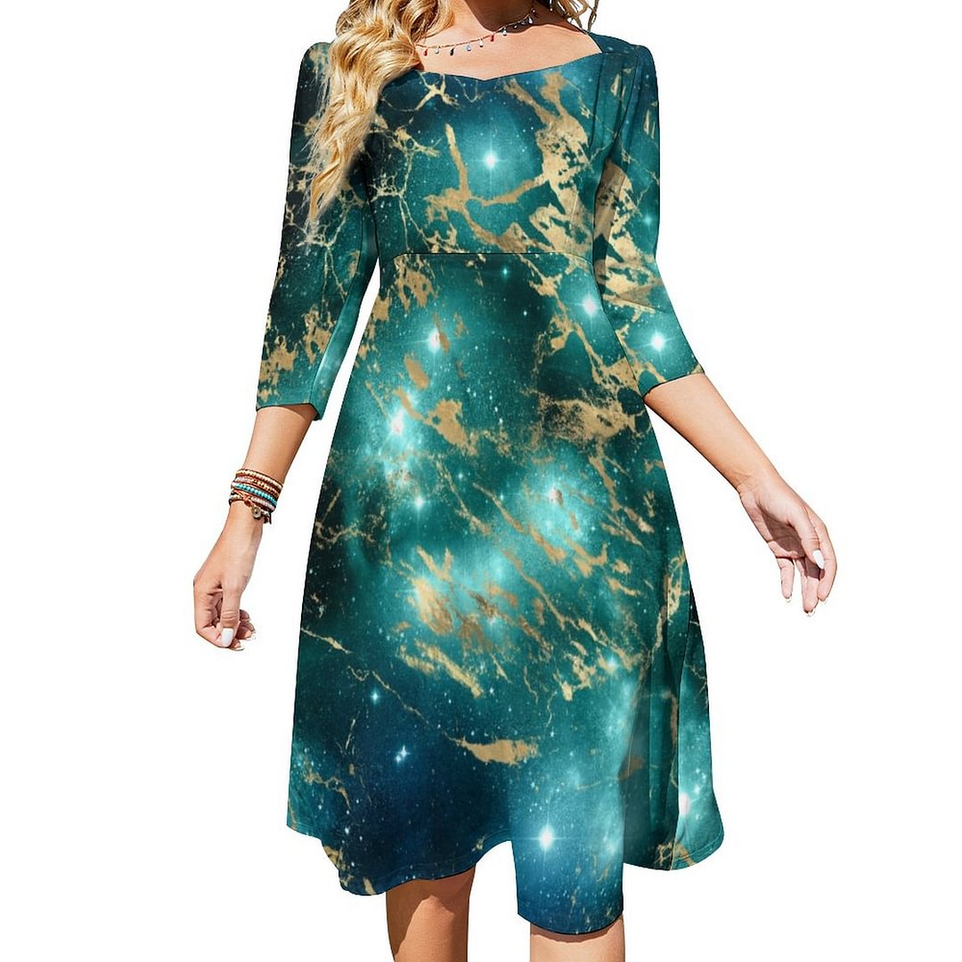 Glam Aqua Green And Gold Marble Far Out Clothing Dress Sweetheart Tie Back Flared 3/4 Sleeve Midi Dresses