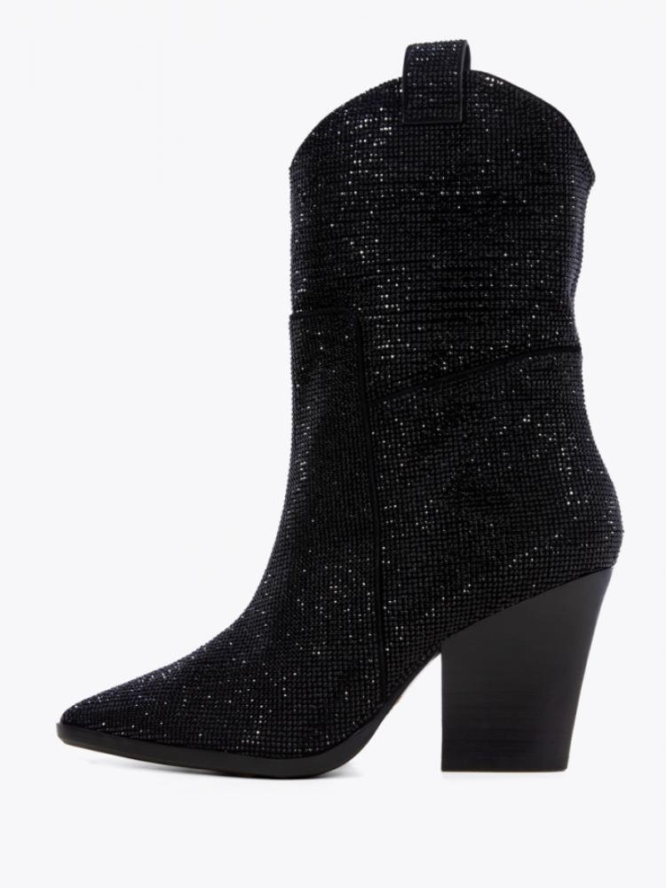 Black Rhinestone Pointed Toe Slanted Heel Western Ankle Boots