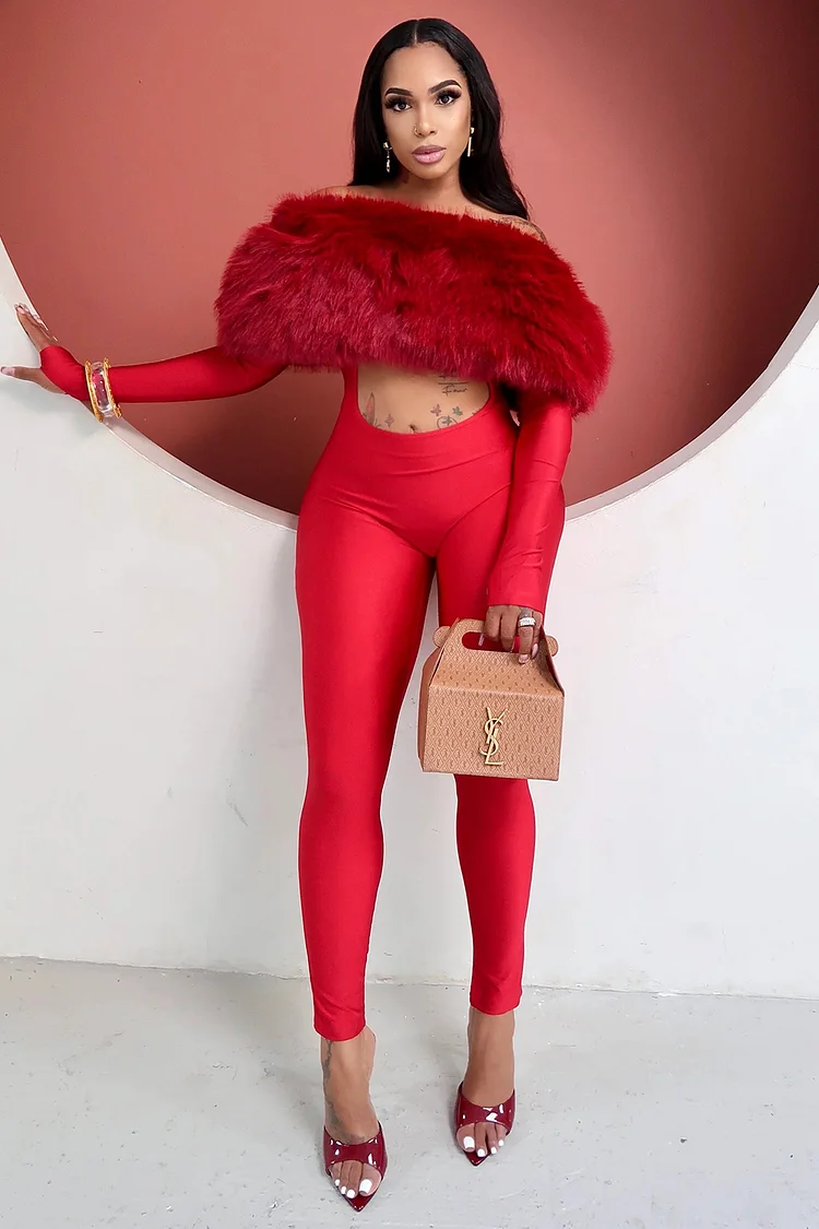 Faux Fur Patchwork Cutout Long Sleeve Bodycon Party Jumpsuit-Red [Pre Order]