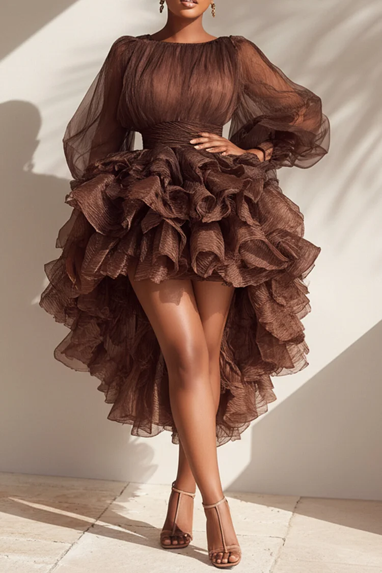 Xpluswear Design Plus Size Party Brown Round Neck Puff Sleeve Long Sleeve High Low Hem Elegant Ruffle Tulle Mini Dresses [Pre-Order]