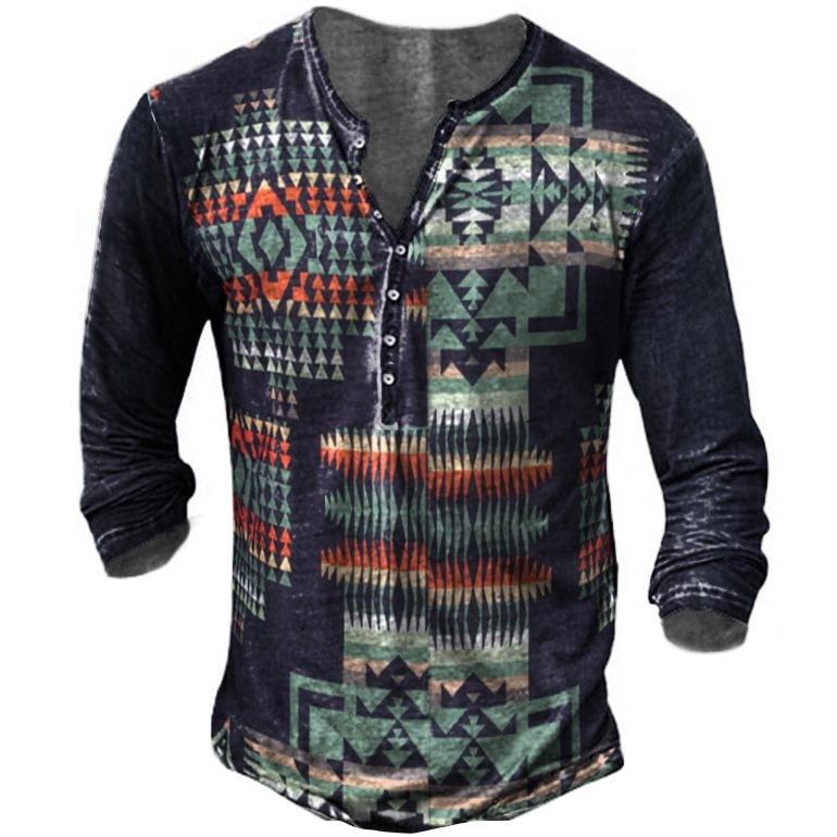 Men's Western Aztec Print Long Sleeve Henley Collar T-Shirt-Compassnice®