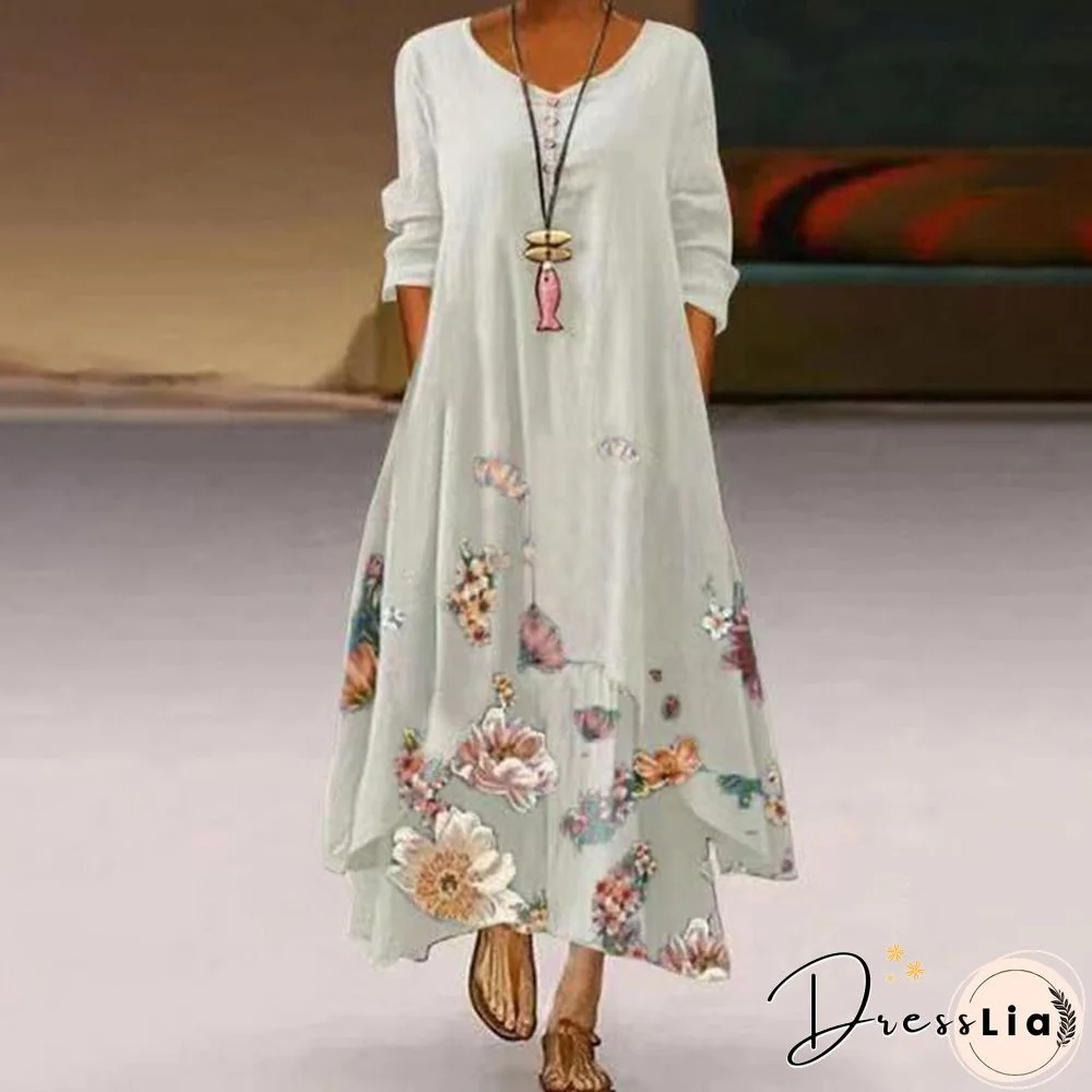 Women Summer Floral Printed Dress Spring Autumn Casual Loose Irregular V-Neck Long Sleeve Dress Elegant Party Big Hem Maxi Dress