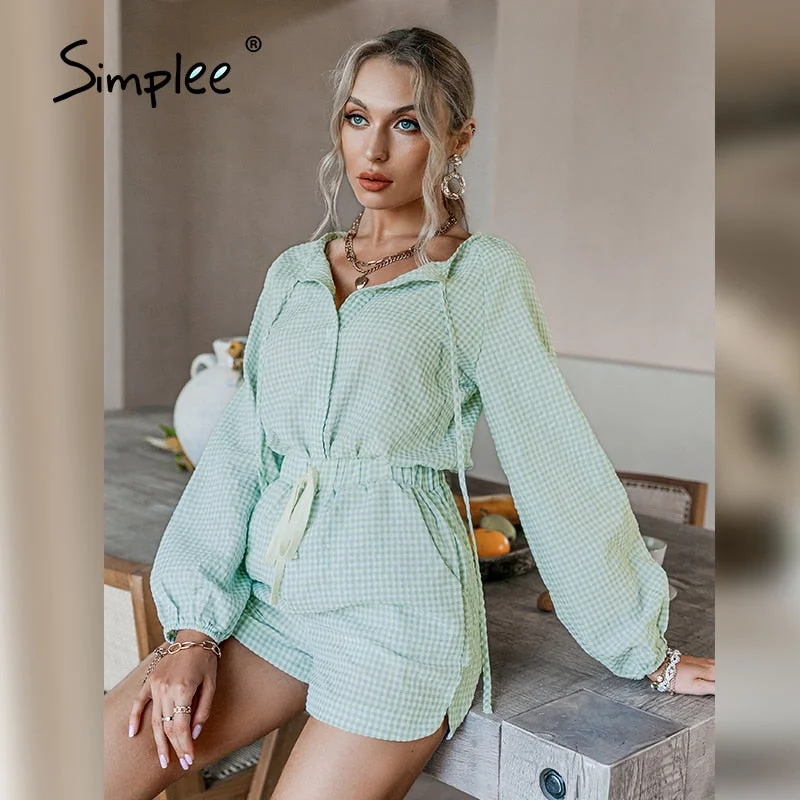 Simplee Casual lace up short sleeve summer set women  Loose button two-piece sport sets  Elastic waist lapel fitness tracksuits