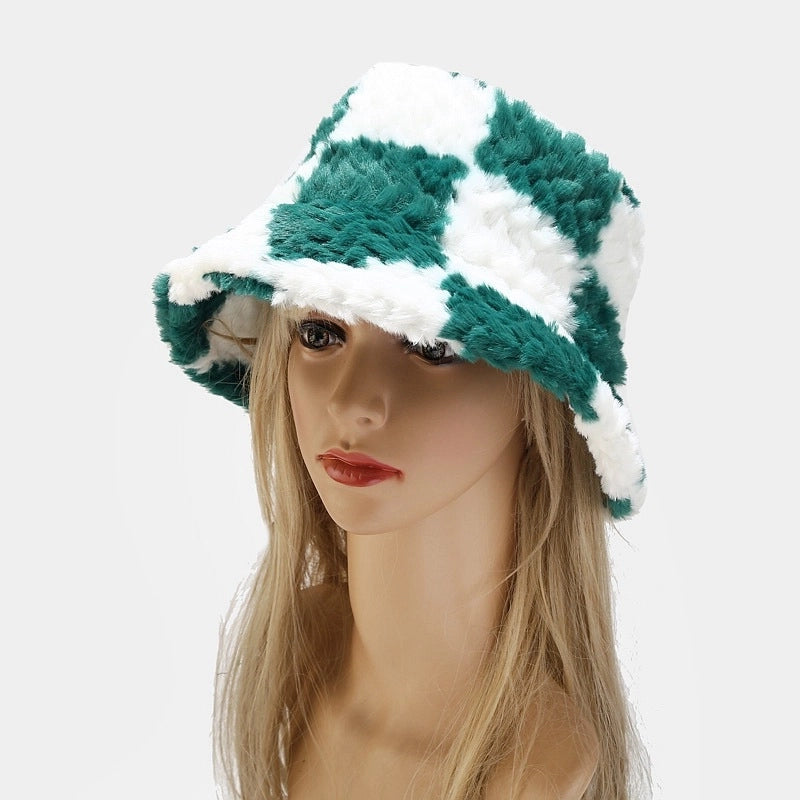 Autumn And Winter New Arrival Large Plaid Patchwork Fisherman’s Hat Fashionable Thickened Warm Plush Pot Hat Women’s Outdoor Sun Hat