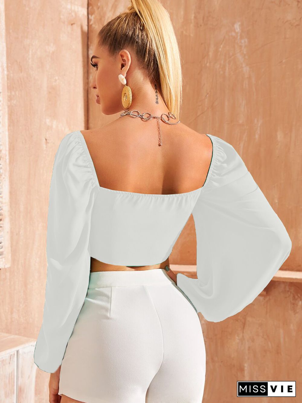 Solid Puff Long Sleeve Lace Up Shirts Crop Tops