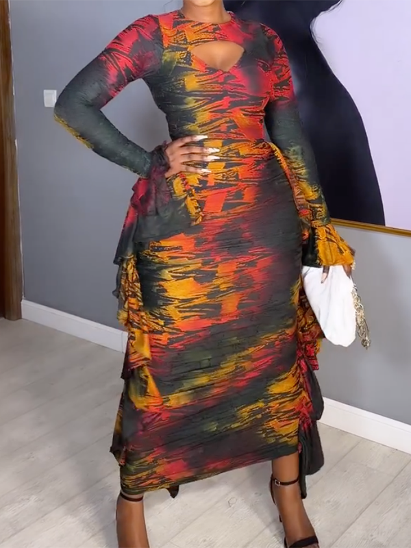 Hollow Ruffled Tie-Dyed Long Sleeves Wrap Round-Neck Maxi Dresses