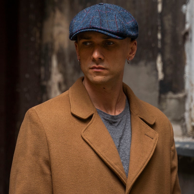 SHELBY Harris Tweed Genuine Scottish 8 Panels Newsboy PEAKED  Cap Applejack Bandit Hooligan Gangster Wool Ivy League Hat BLUE-RED