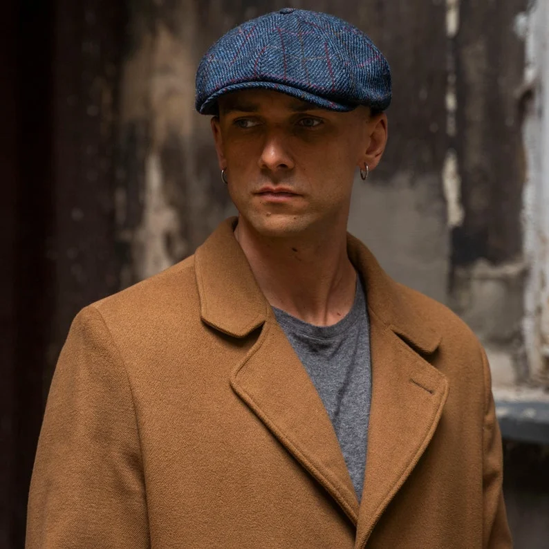 SHELBY Harris Tweed Genuine Scottish 8 Panels Newsboy PEAKED  Cap Applejack Bandit Hooligan Gangster Wool Ivy League Hat BLUE-RED