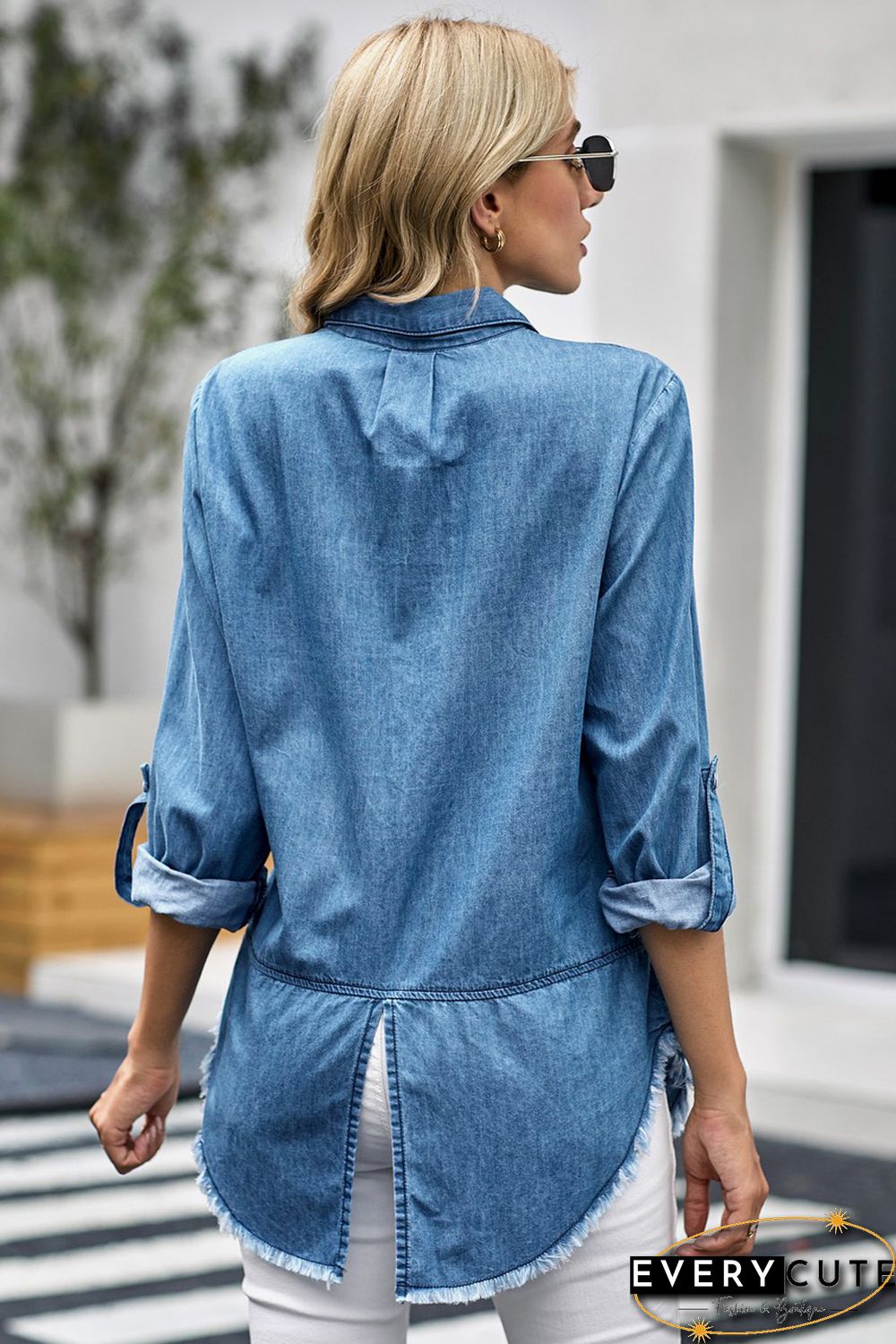 Roll up Long Sleeves Frayed Hem Denim Shirt