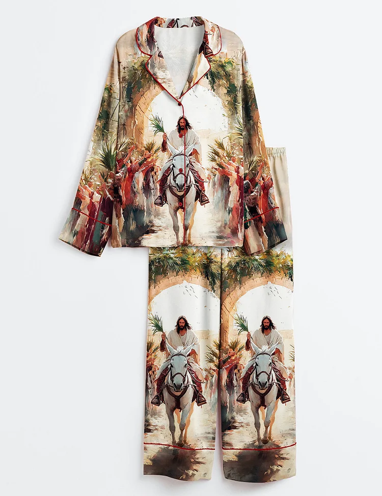 Women&rsquo;s Jesus Triumphal Entry Into Jerusalem Easter Christian Print Long Sleeve Satin Pajama Set
