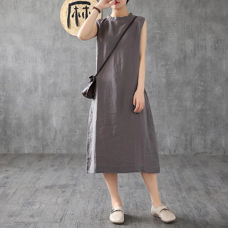 French stand collar sleeveless linen clothes For Women Wardrobes dark gray Dresses
