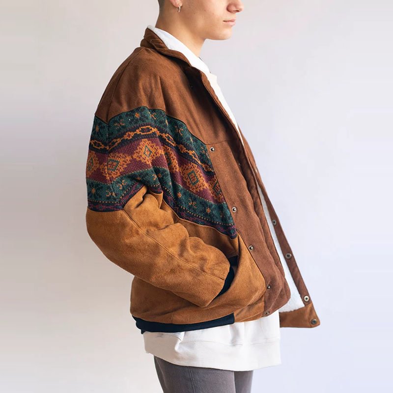 Mens Retro Suede Patchwork Polar Fleece Jacket