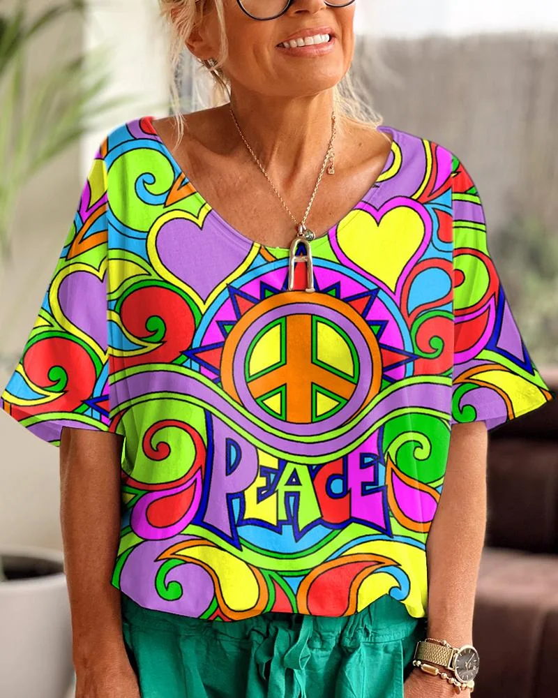 Hippie Colorful Peace Love V Neck T-shirt