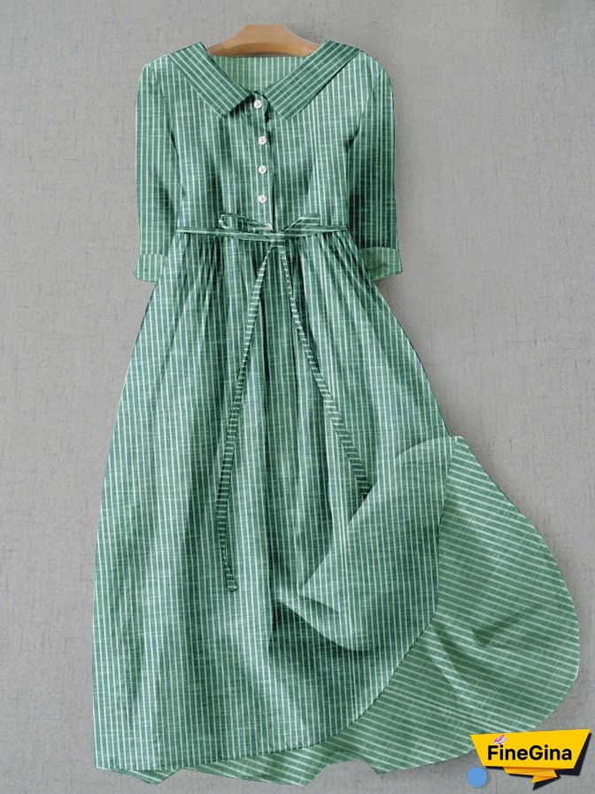 Women's Vintage Striped Design Printed Lace-Up Dress