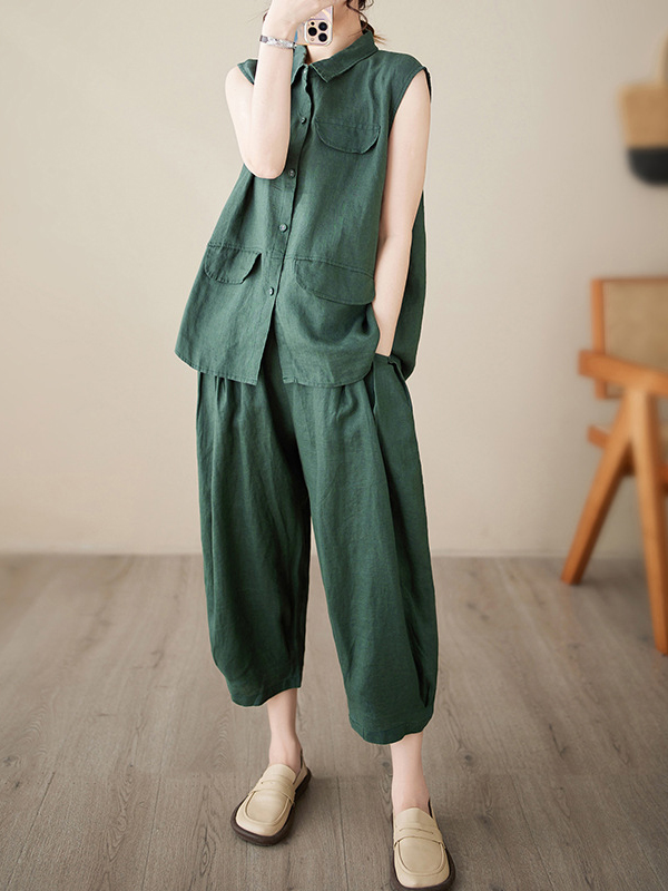 Solid Color Sleeveless Vest And Wide Leg Pants Two-Piece Set