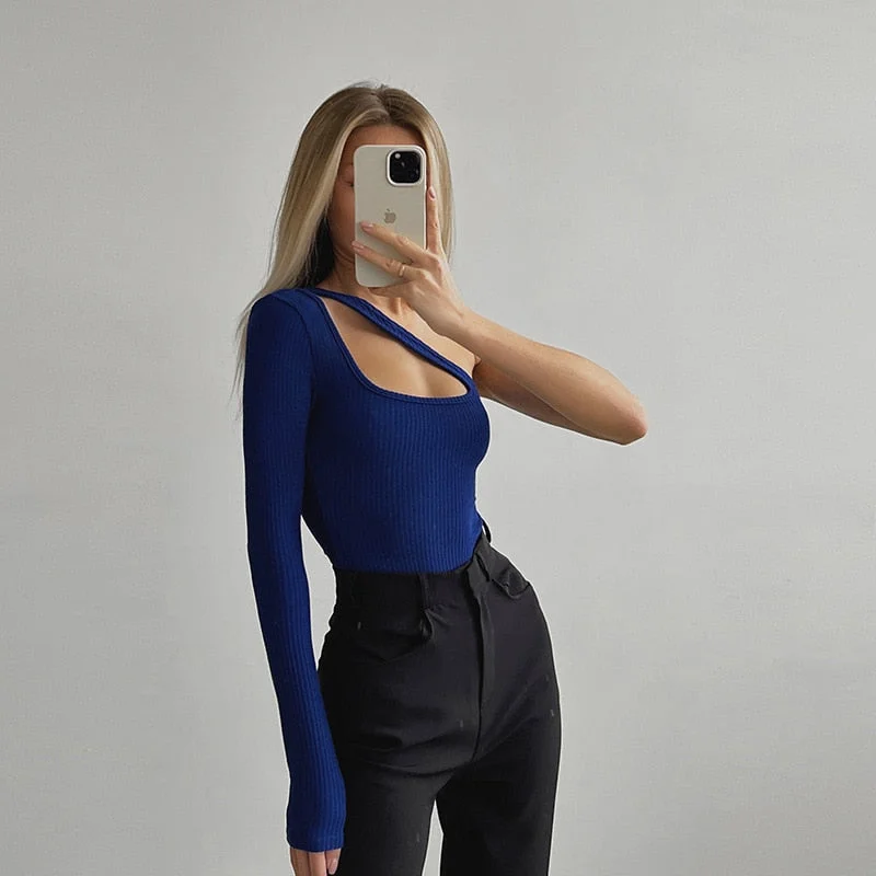 Yimunancy Hollow Out One Shoulder Women Bodysuits 2022 Spring Sexy Asymmetrical  Bodycon Knitted Casual Jumpsuits