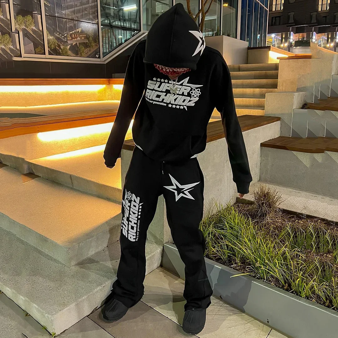 Personalized Alphabet & Pentagram Hip Hop Hoodie & Flared Trousers Two Piece Set