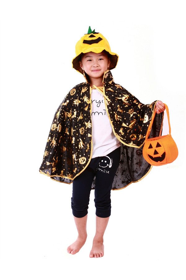 Kids Magic Witch Pumpkin Cape Halloween Cosplay Costume Gold-elleschic