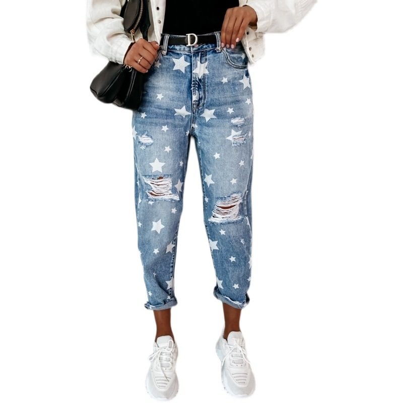 Xingx Pattern Ripped Washed Denim Trousers For Women Jeans
