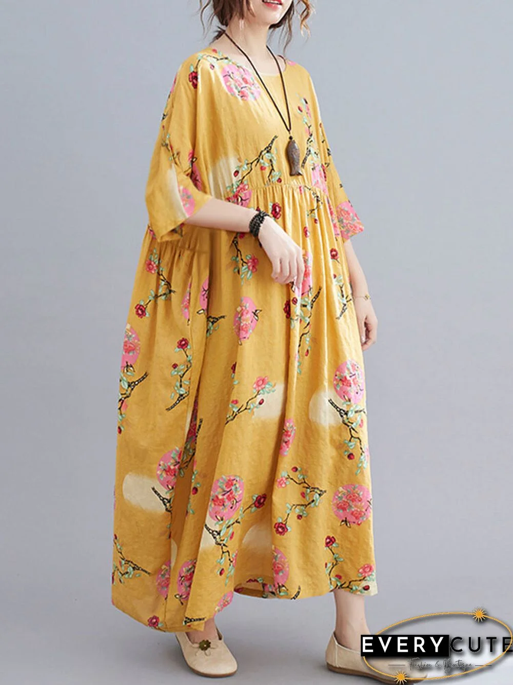 Flower Print Half Sleeve O-neck Loose Women Vintage Dress