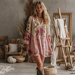 Women's V Neck Boho Classy Gradient Pink Roses Embroidered Art Casual Dress - Image 2