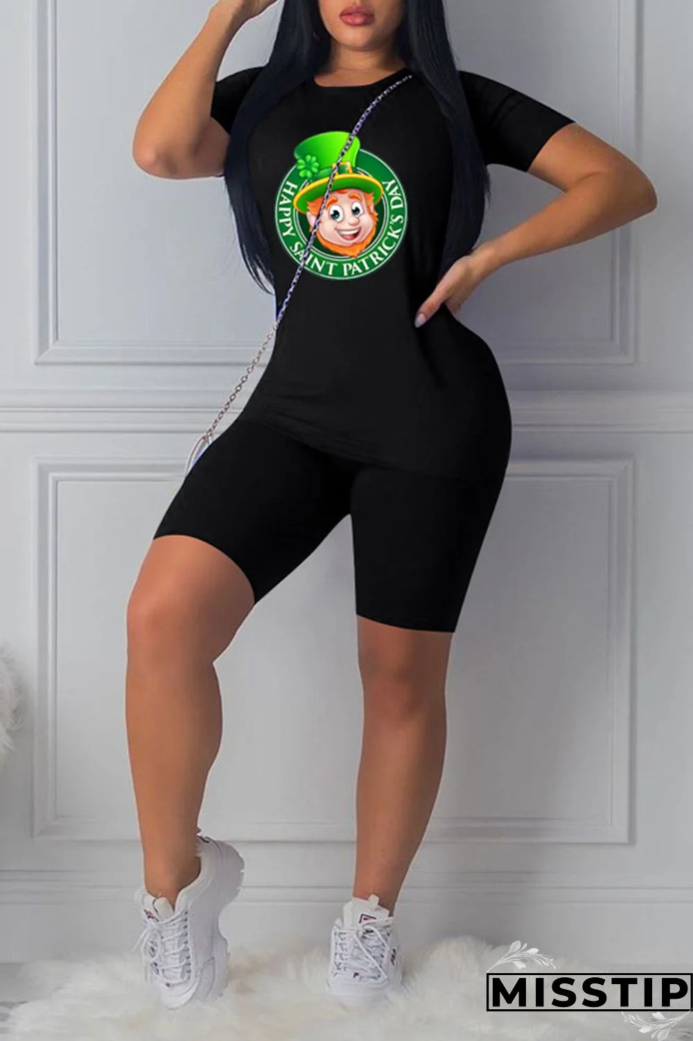 Black Casual Print Patchwork O Neck Short Sleeve Two Pieces