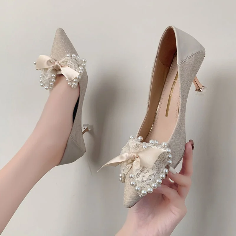 2022 Spring New Lace Bowknot Women Pumps Fashion Pearl Thin High Heels Wedding Party Shoes Woman Sexy Pointed Toe Sandals