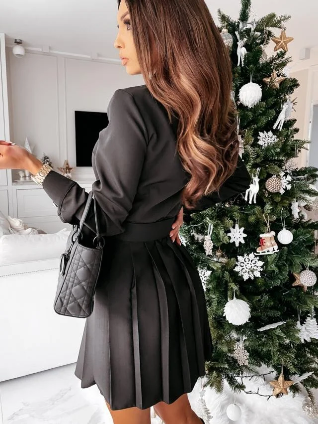 Women's Lace-up Long-sleeve Shirt Pleated Dress