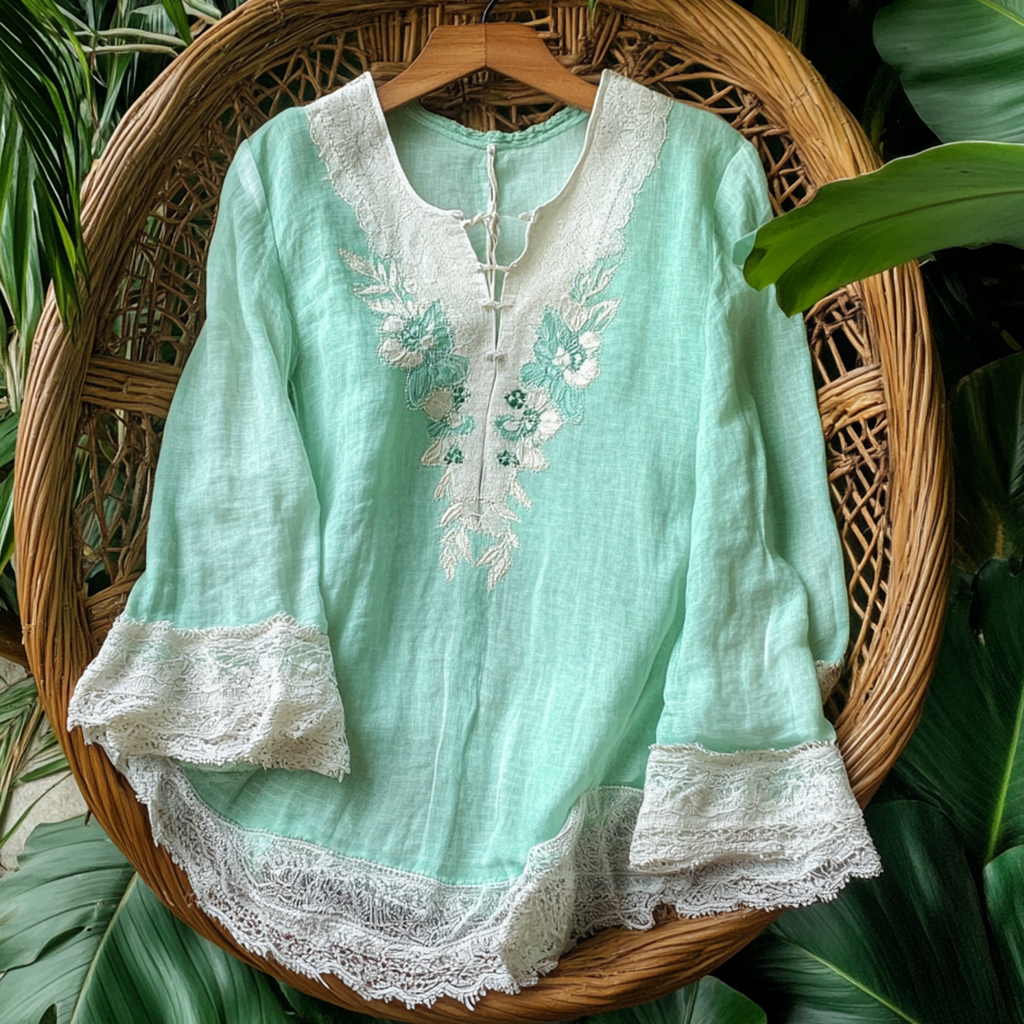  Elegant Floral Embroidered Top with Lace Trim for Spring and Summer
