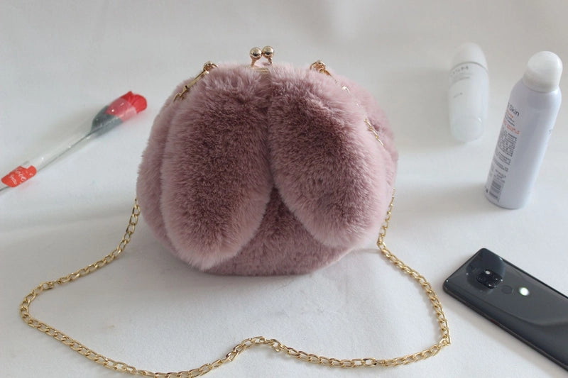 Women’s Plush Rabbit Solid Color Cute Round Lock Clasp Handbag Crossbody Bag