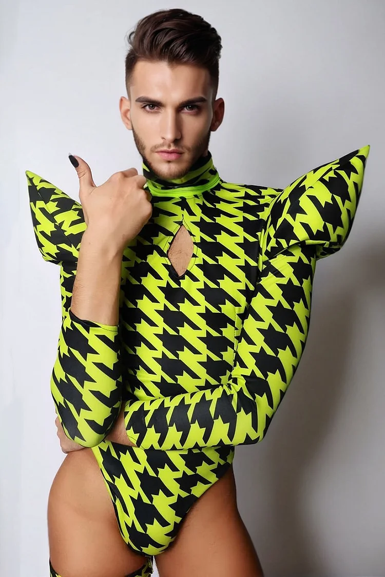 Men's Houndstooth Print Neon Green Shoulder Pad Festival Bodysuit [Pre-Order]