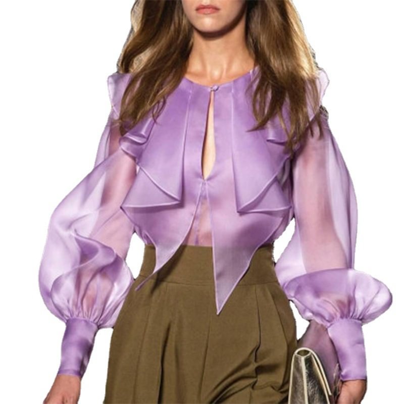Ueong Women Shirt Blouse Sexy Perspective Puff Sleeve Ruffle Purple Tops Female Casual Clothes 2022 Summer Fashion Y2K Top