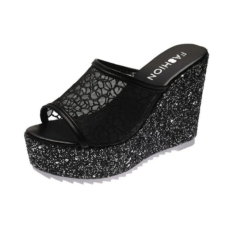 Canrulo Golden Women Slippers Summer Shoes Platform 4cm Outside Fitting-room 11cm High Heels Wedges Solid Mesh Female Sliver Shoes