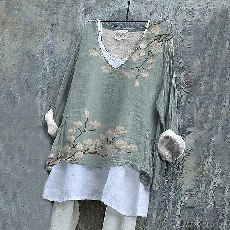 Wearshes Vintage Floral Cotton Linen V Neck Casual Shirt