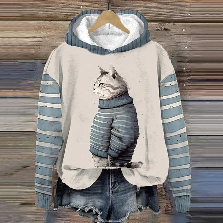 Winter Funny Cute Wonderland Clothing Cat Printed Hooded Sweatshirt