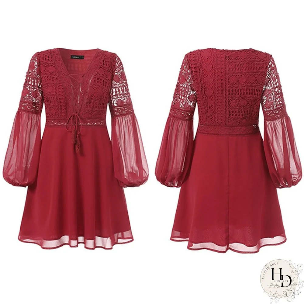 Womens Lace Stitching Lace Up Mini Dress Lantern Long Sleeve V Neck Evening Party Casual Loose Elegant A Line Dress Plus Size