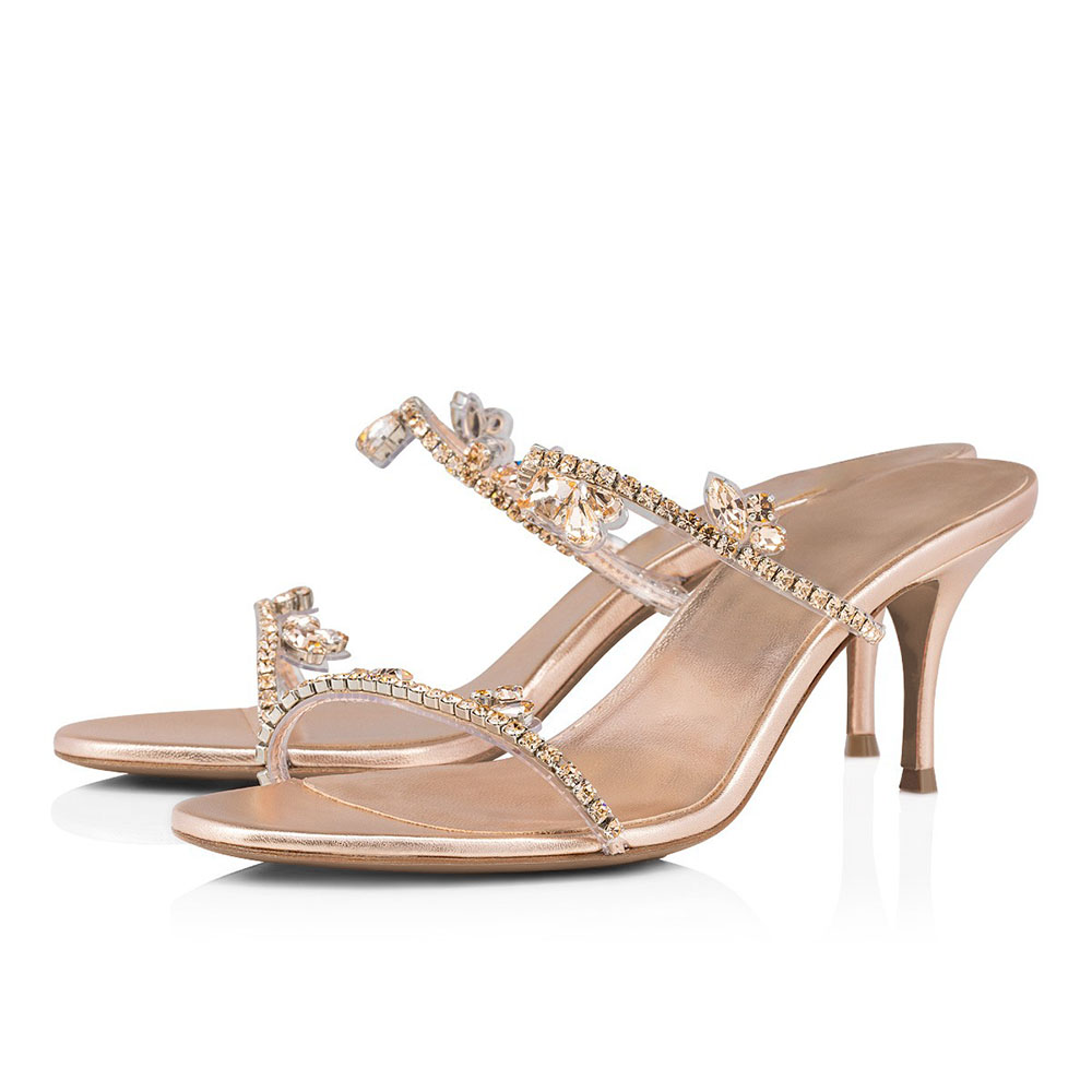 Gold Round Toe Stiletto Heel Rhinestone Bridal Slippers Nicepairs